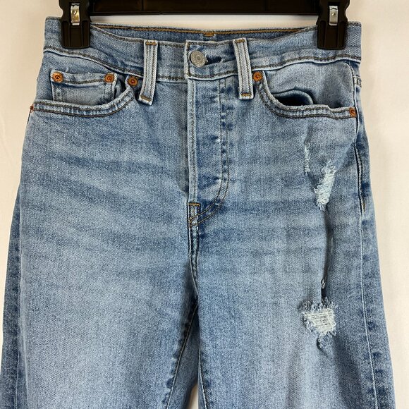 Levi's Wedgie Straight Jeans 25 Medium Blue Wash Distressed Raw Hem - Picture 2 of 12